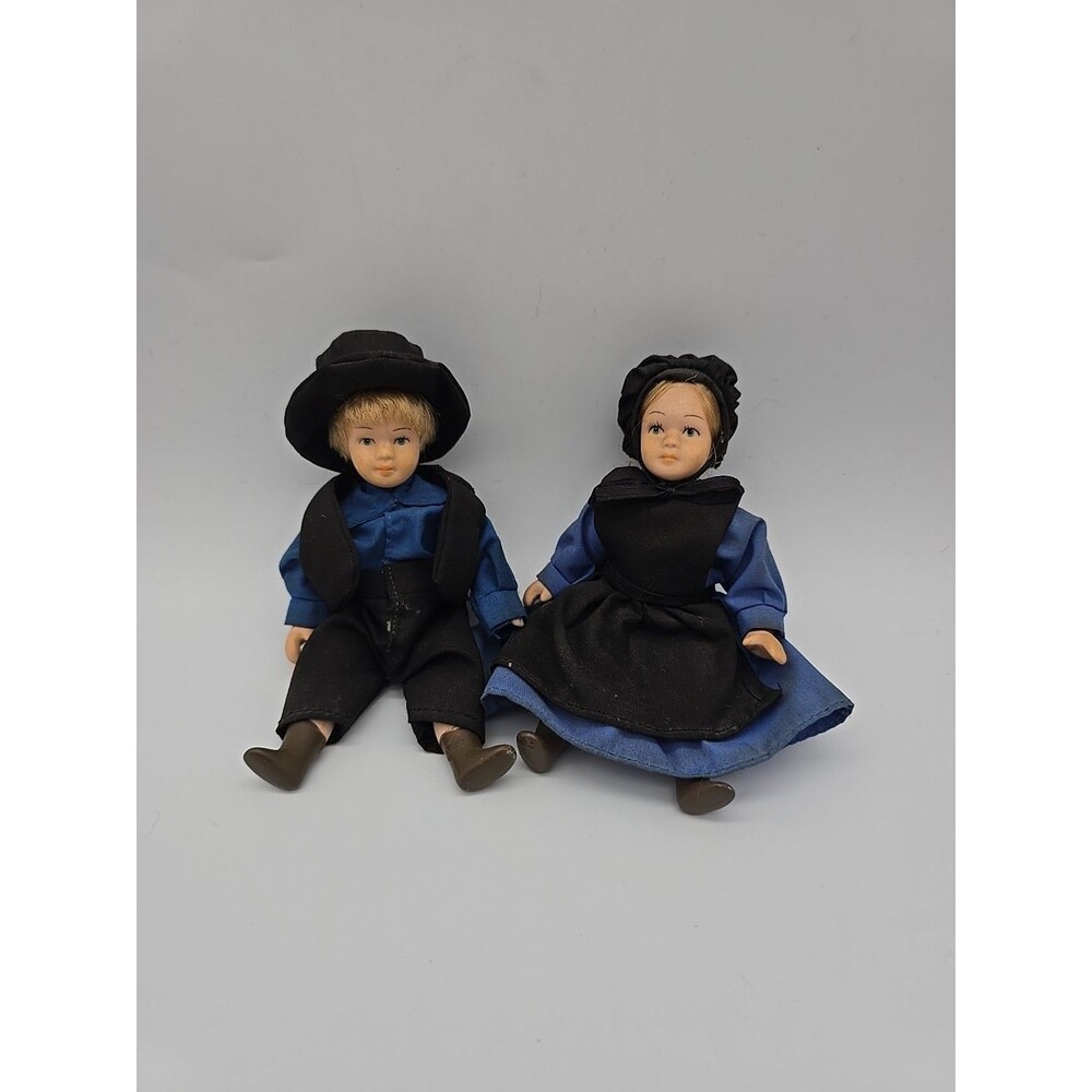 Beautiful Vintage Porcelain 6" Amish Dolls Boy & Girl Dressed in Blue & Black